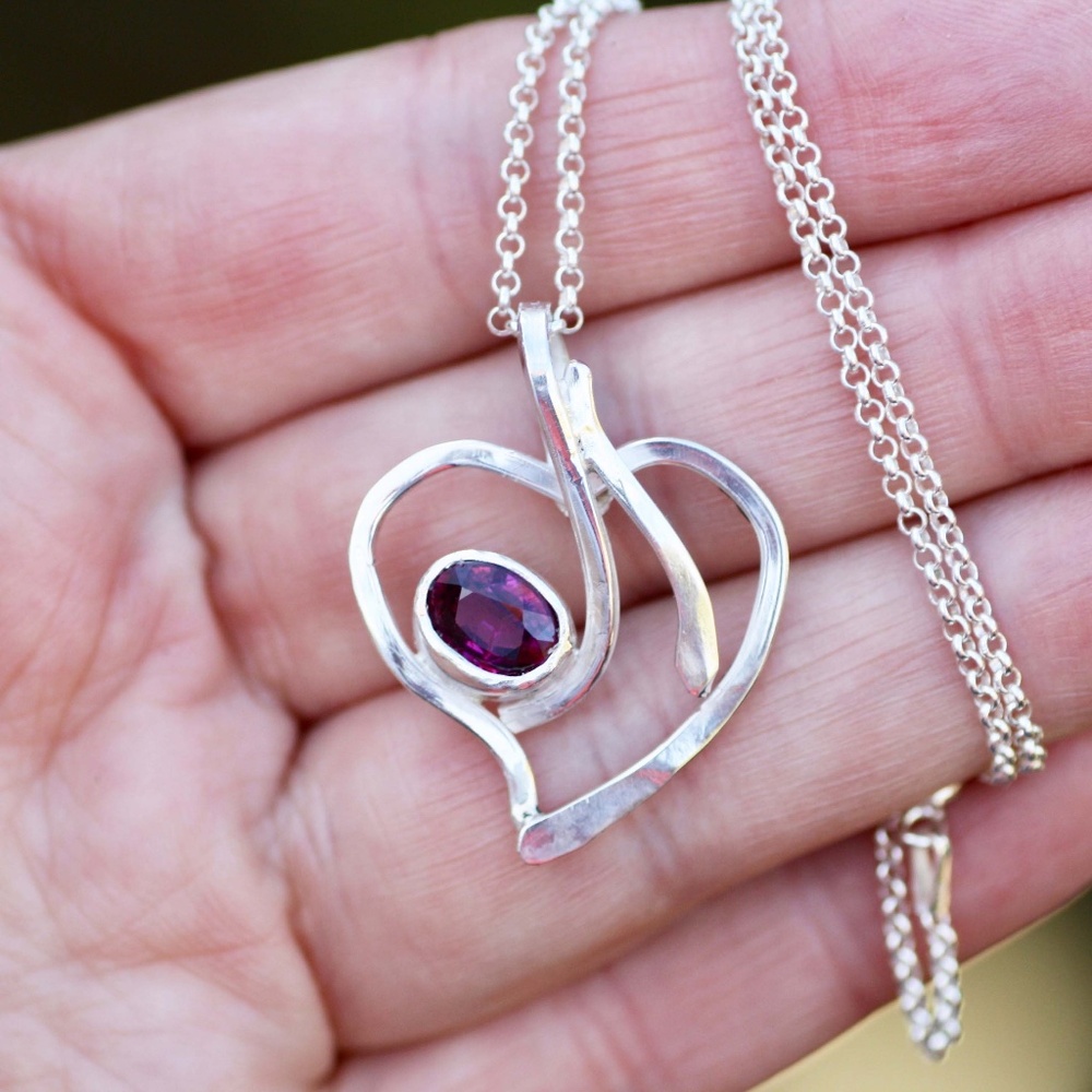 Natural Rhodolite Garnet Heart Pendant Sterling Silver , January Birthstone